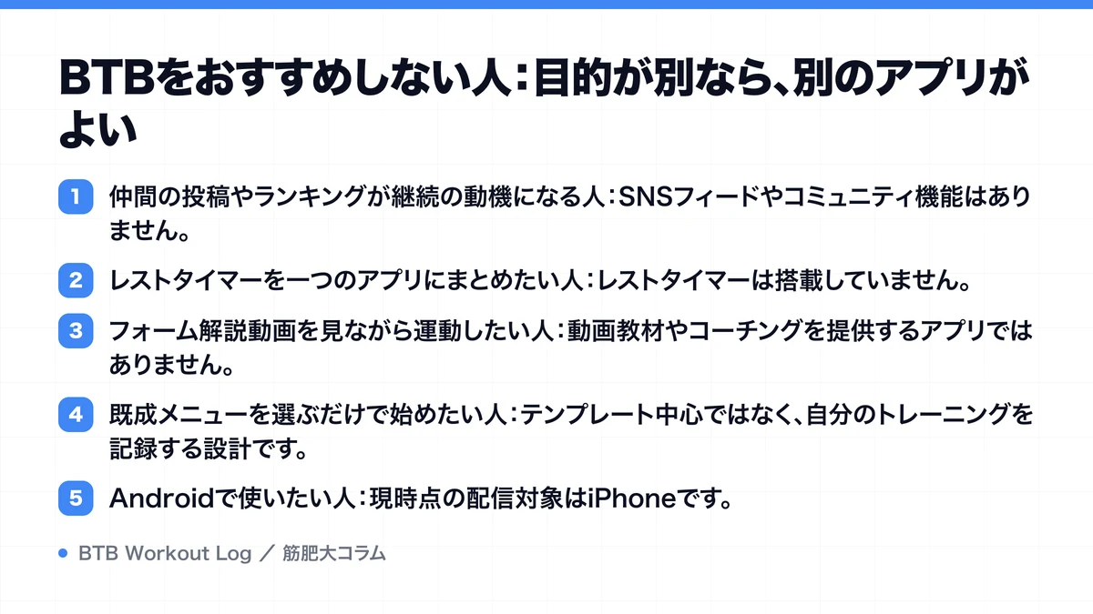 BTBをおすすめしない人：目的が別なら、別のアプリがよいを示す図解